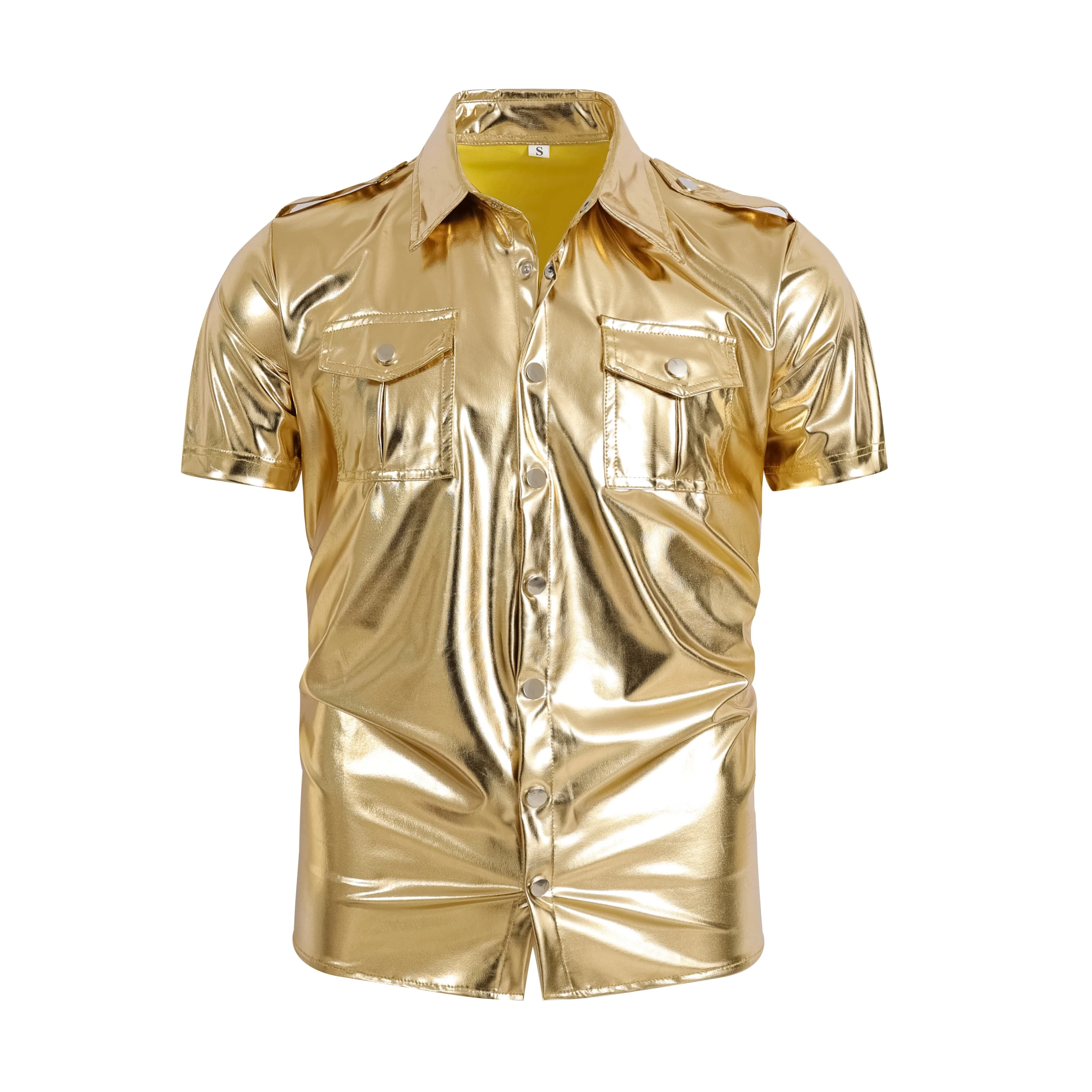 Gold Men's Shiny Nightclub Short Sleeved Shirt Night Club Party Shirt for Men Button Up Y2K Costume Homme Performance Cargo Shir