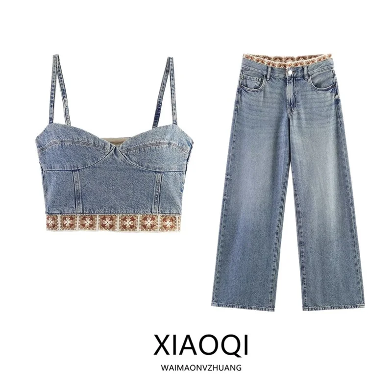 Summer 2026 New Women's Hook Knitted Denim Strap Top And Long Pants Set Fashionable Casual Outfit Perfect for the Warm Months