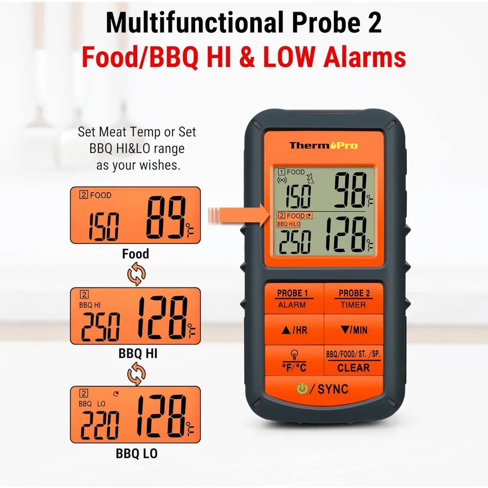 ميزان حرارة لاسلكي للحوم مع مسبار مزدوج ، ميزان حرارة للطعام ، مناسب للشوي ، مدخن ، شواء ، شواية ، فرن ، مطبخ