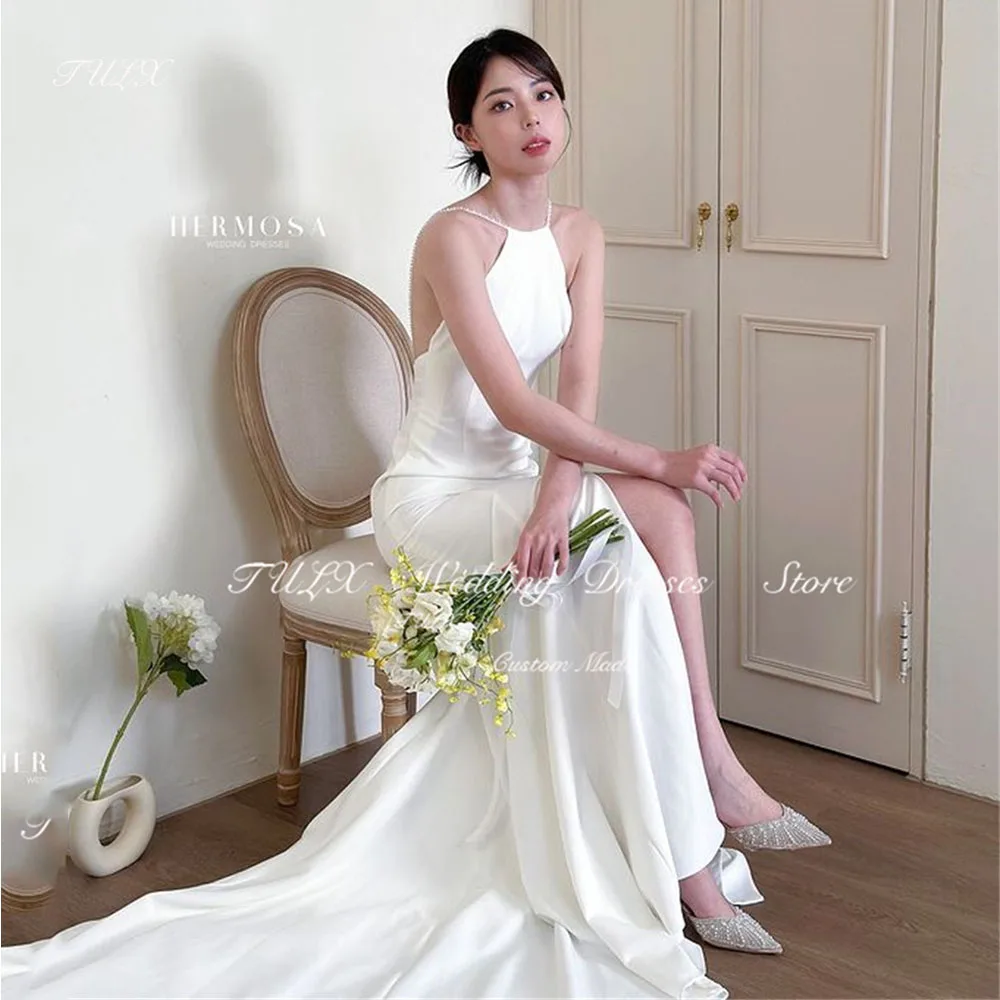 

TULX Elegant O-Neck Mermaid Wedding Dress Korea Photoshoot Satin Long Slit Bridal Gown White Corset/Zip Back 웨딩드레스 Custom Made