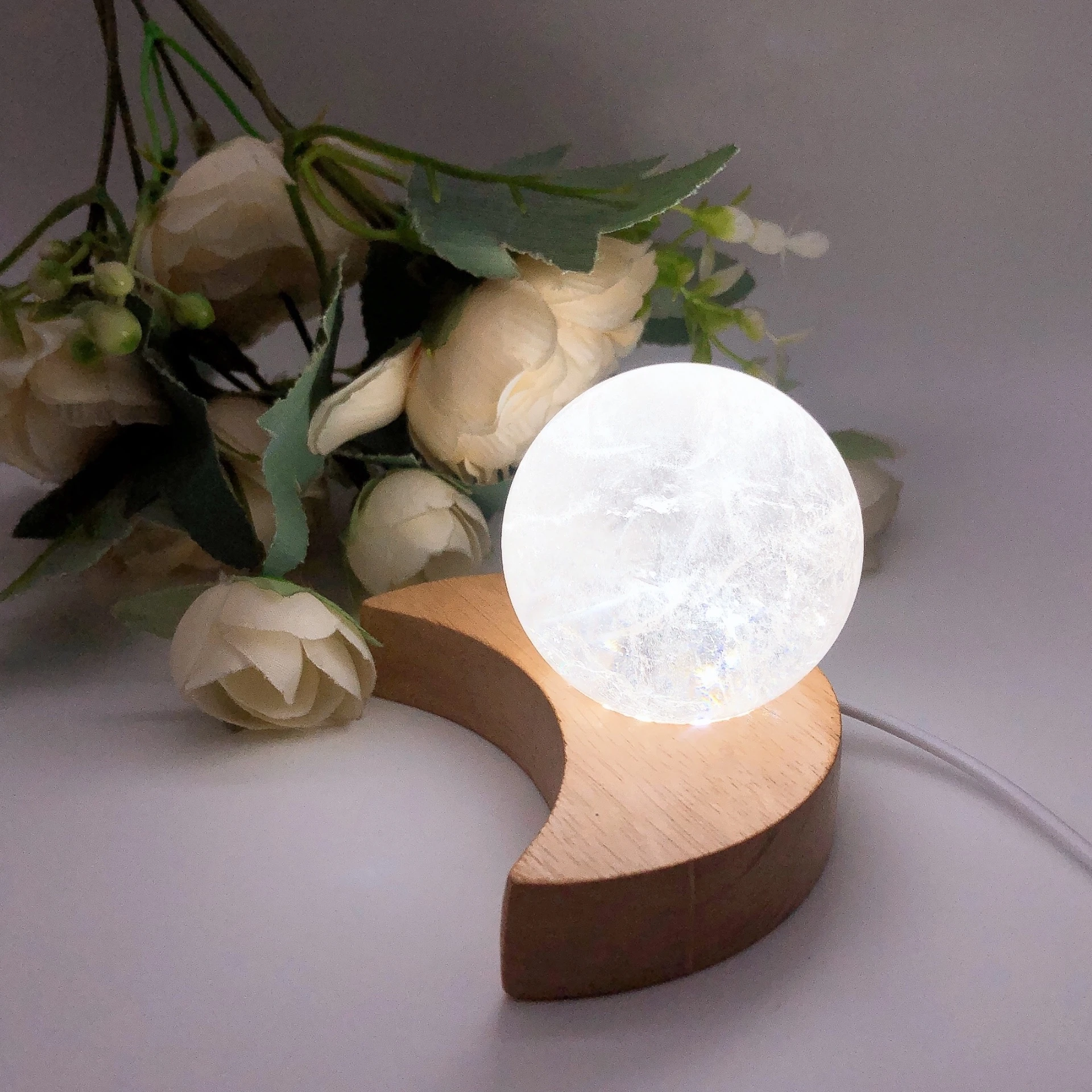 Moon Shape Wooden LED Light Display Base Crystal Sphere Stand Ball Holder Night Lamp Rotating Stand Home Decor Christmas view 3