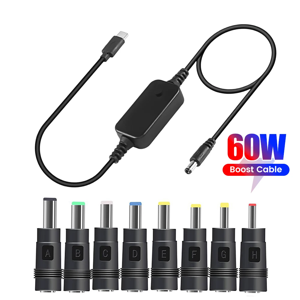 60W Type C To DC Boost Cable DC 5V/9V/12V/15V/20V WiFi to Power Bank Cable Fast Charging Connector For Wifi Router Laptops Cord
