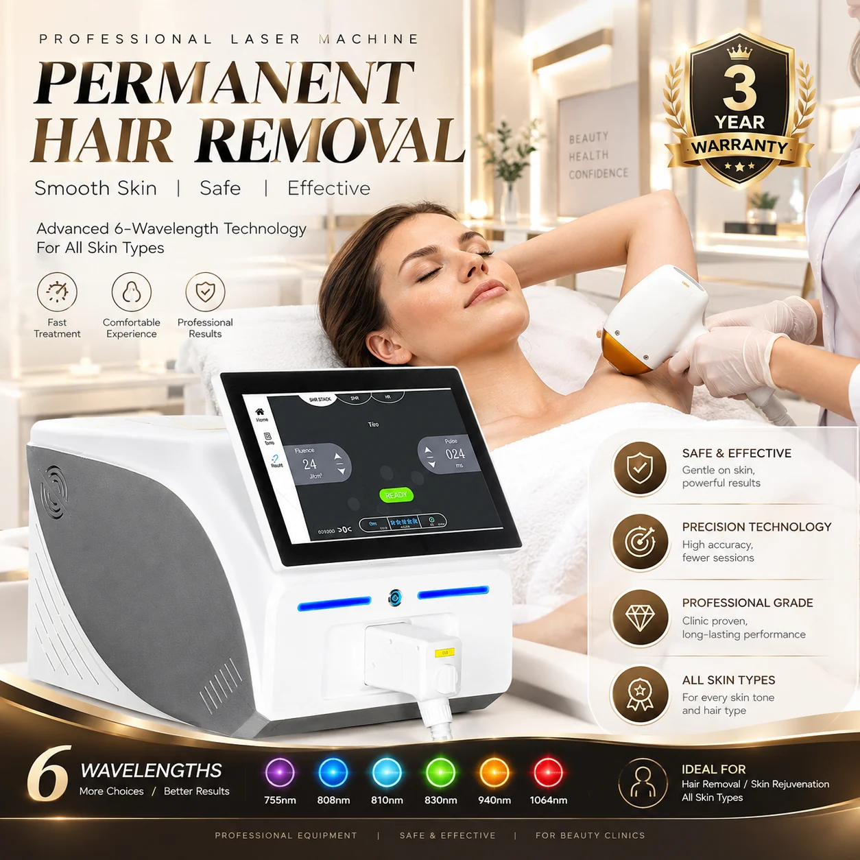 Professional Ice Titanium Diode Laser Hair Removal Machine Portable 4-Wavelength Alexandrite 10-Target Hair Removal Device