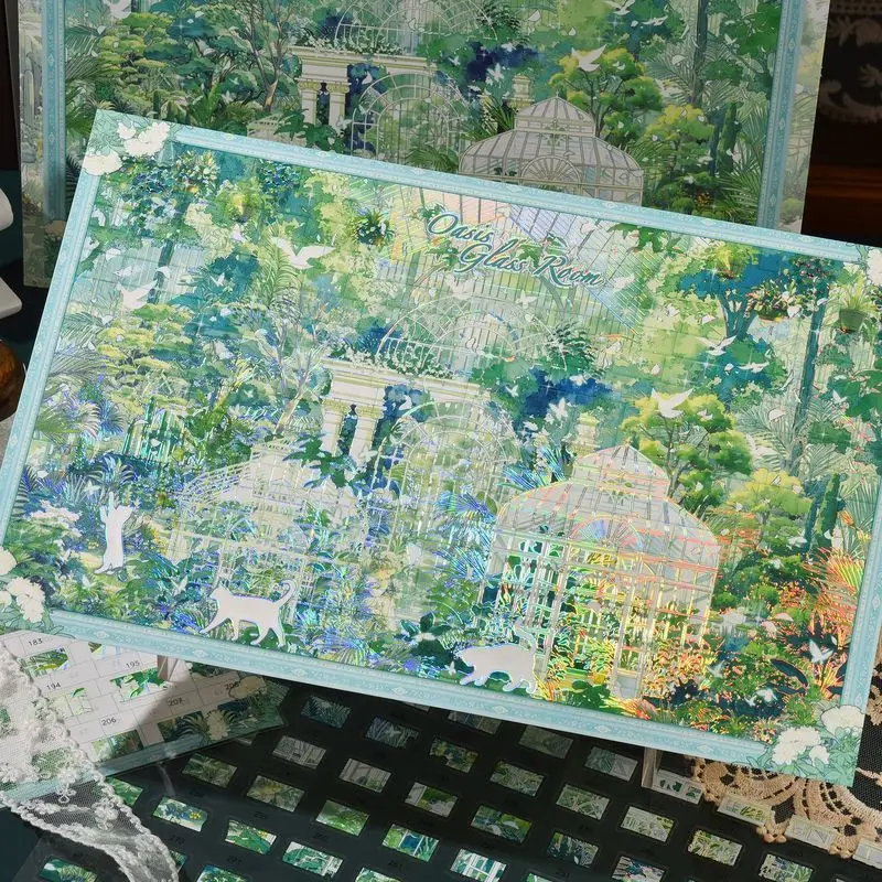 4Pcs Scenic Landscape Laser Silver PET Stickers Transparent Decorative Stickers for Scrapbooking DIY