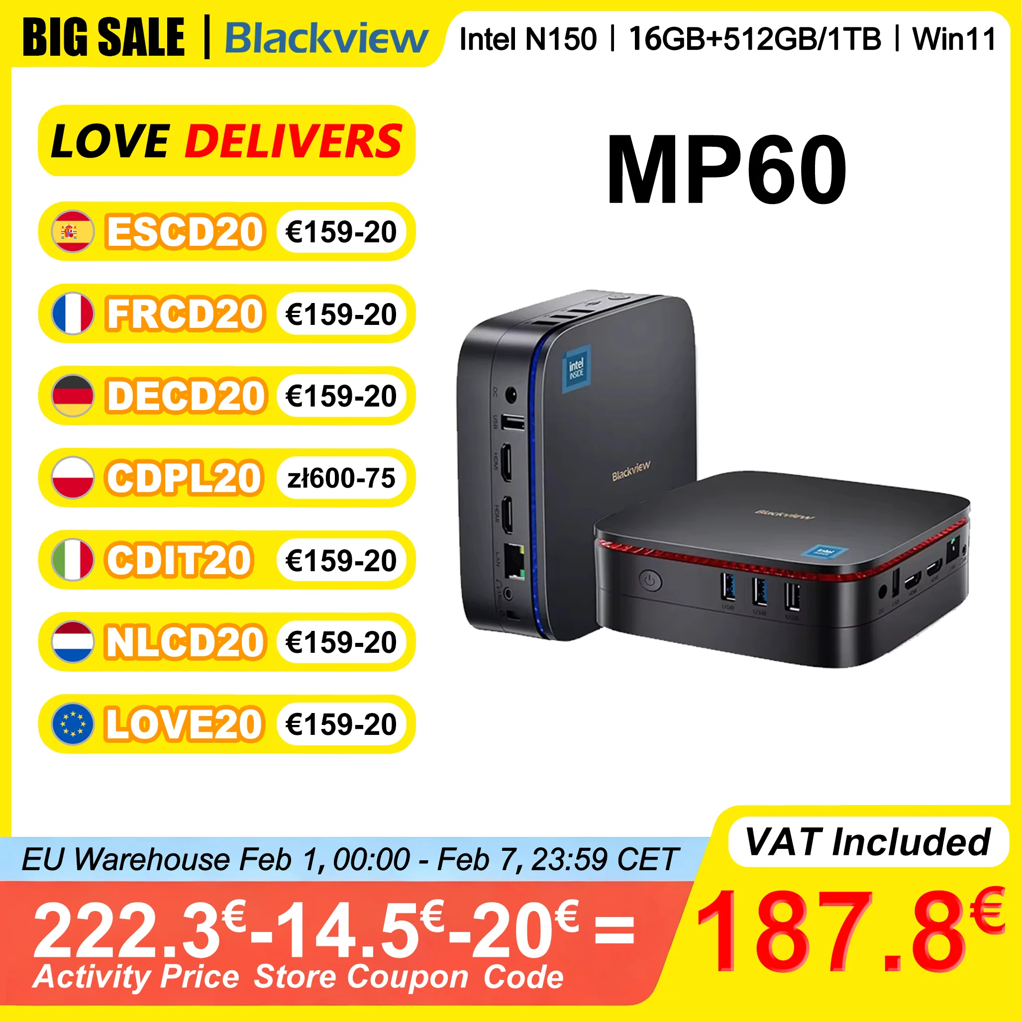 Blackview MP60 Mini PC Intel N150 16GB RAM 512GB/1TB SSD Windows 11 Obsługa 4K Podwójne HDMI Dual-Band WIFI Intel UHD Graphics