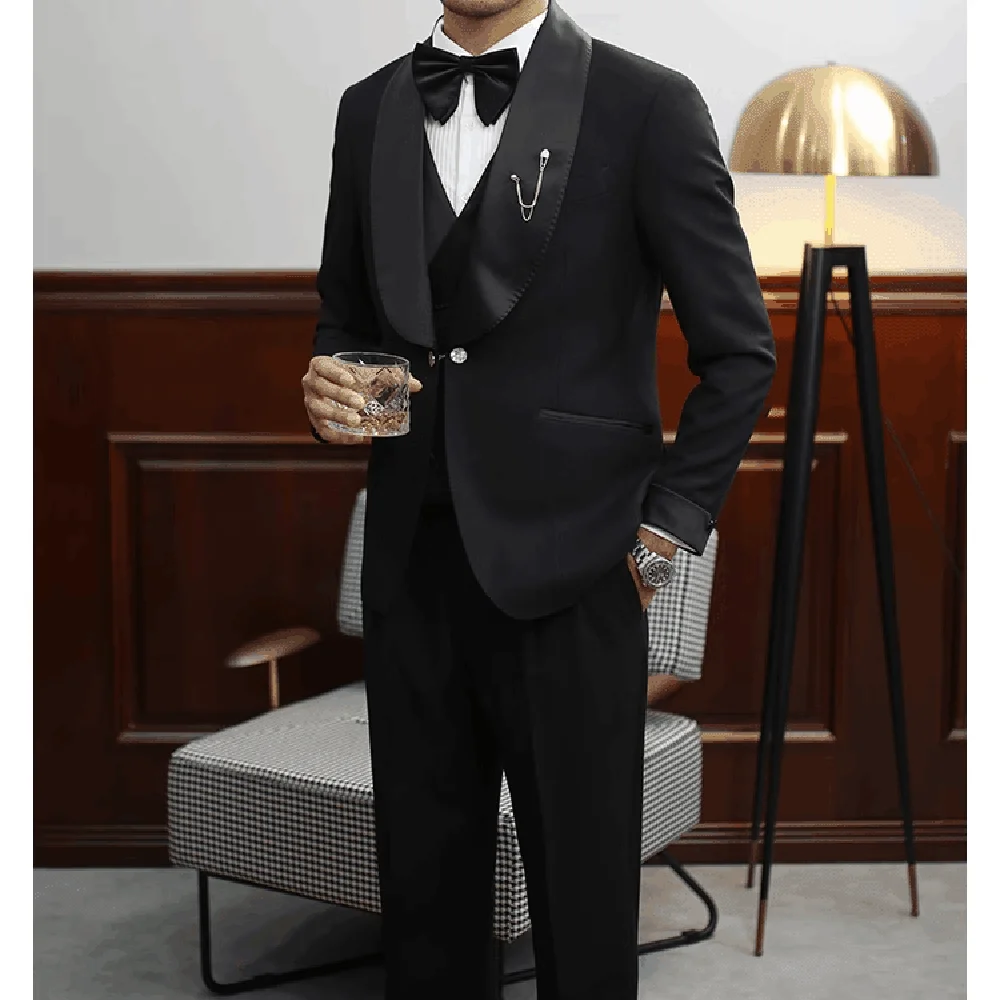 Full Men's Suit Fashion New Shawl Lapel Single Breasted Male Blazer Party Evening Dinner Groom Wedding Tuxedo Suit Slim Fit 3 Pc