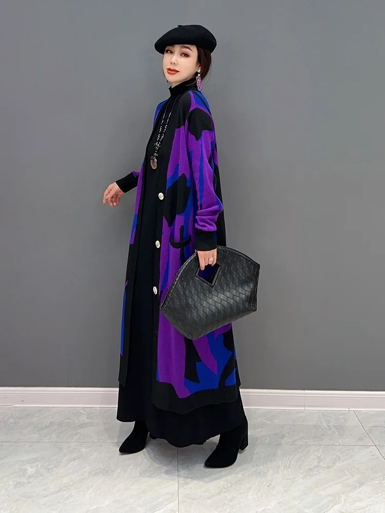 Vefadisa 2024 Autumn V-neck Cardigan Knitting Coat Loose Mid-length Printing Single Breasting Sweater Coat Women Purple LHX3415