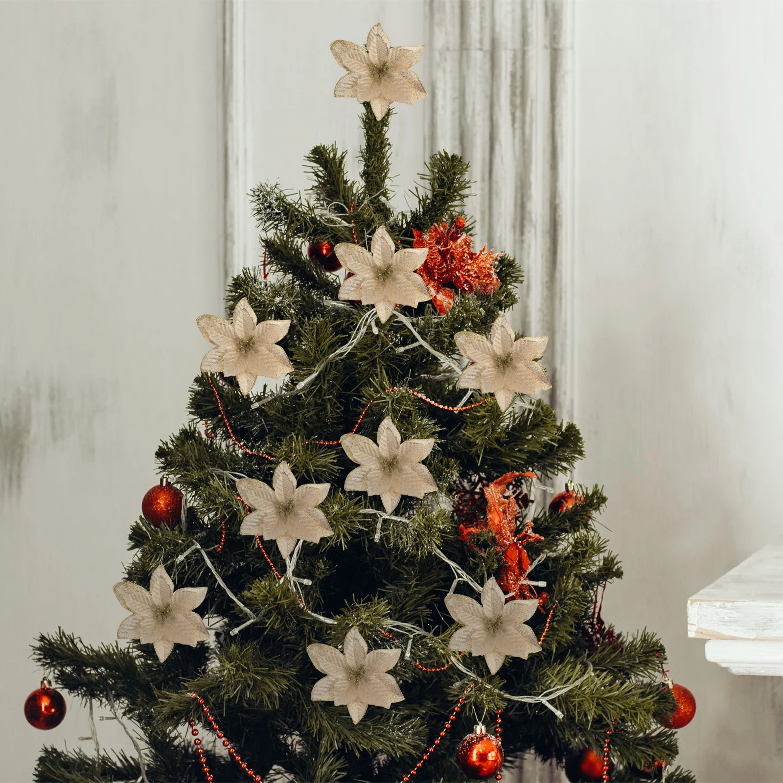 

30pcs Christmas Artificial Glitter Flowers Indoor Tree Hanging Ornament Home Wedding Party Decoration Craft Flower Festive