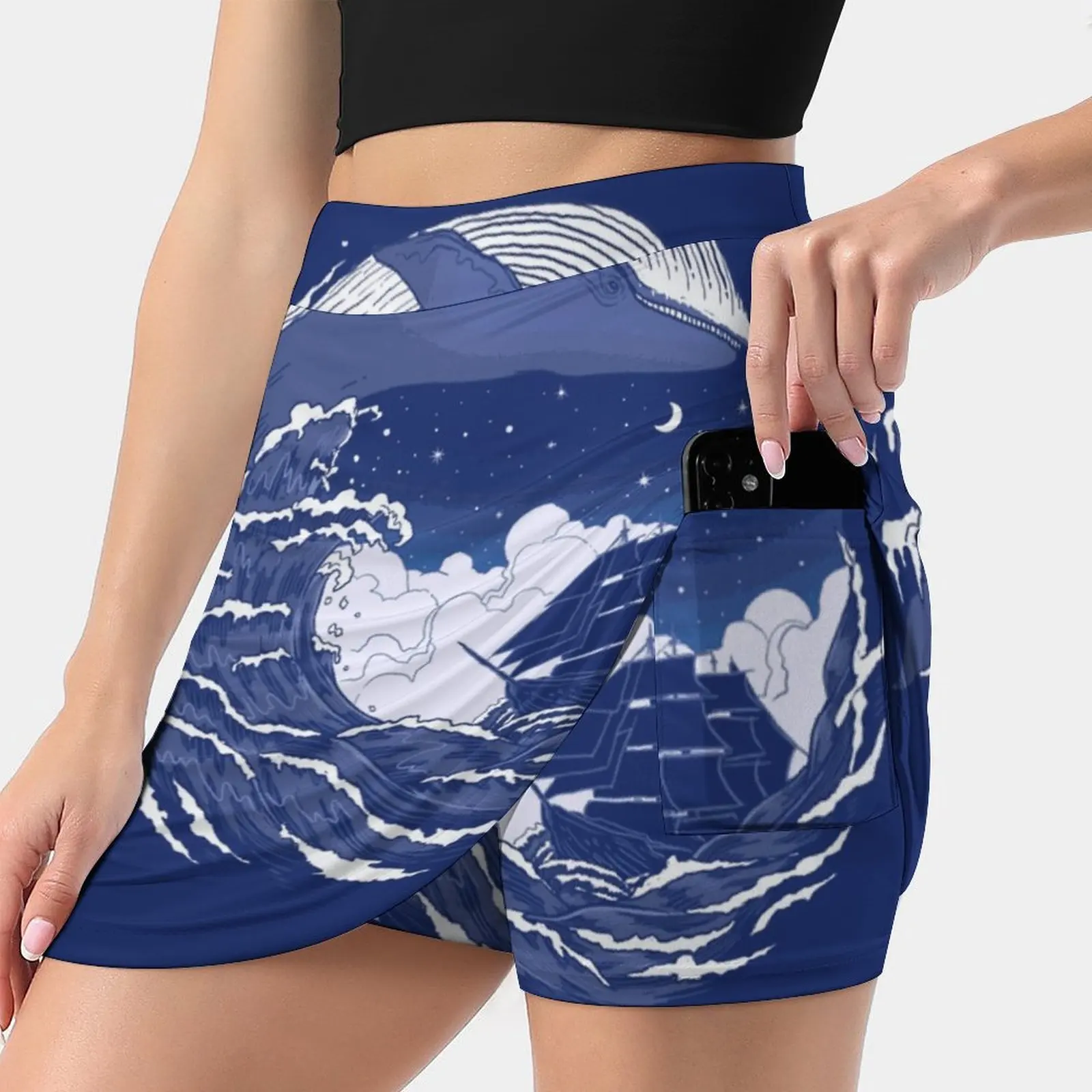 

The Great Whale Women's skirt Y2K Summer Clothes 2022 Kpop Style Trouser Skirt With Pocket Animal Whale Ship Moon Wave Sea Blue