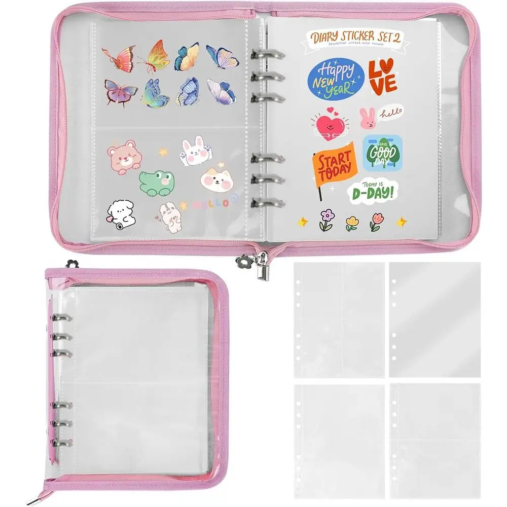 Reusable Loose-leaf Binder Cover Multi Pockets Zipper Closure Transparent Photo Album INS 6-Ring Sticker Keeper Photocard
