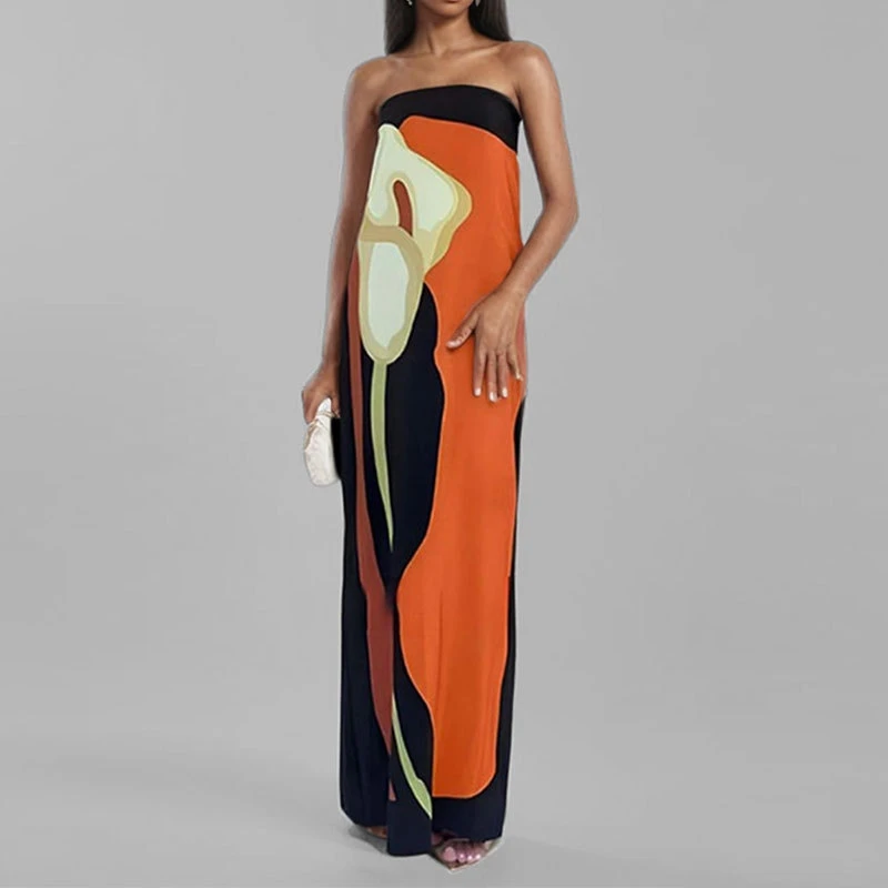 ノースリーブオフショルダーストラップレスドレス レディース 2025 春夏 セクシー バックレス プリント ボディコン ミディドレス