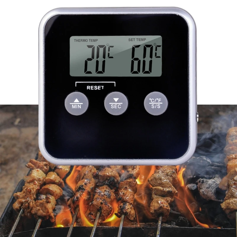 Food Thermometers Stainless Probe Electronic LCD Digital Temperature Detector with Timer Function for Grilling Cooking