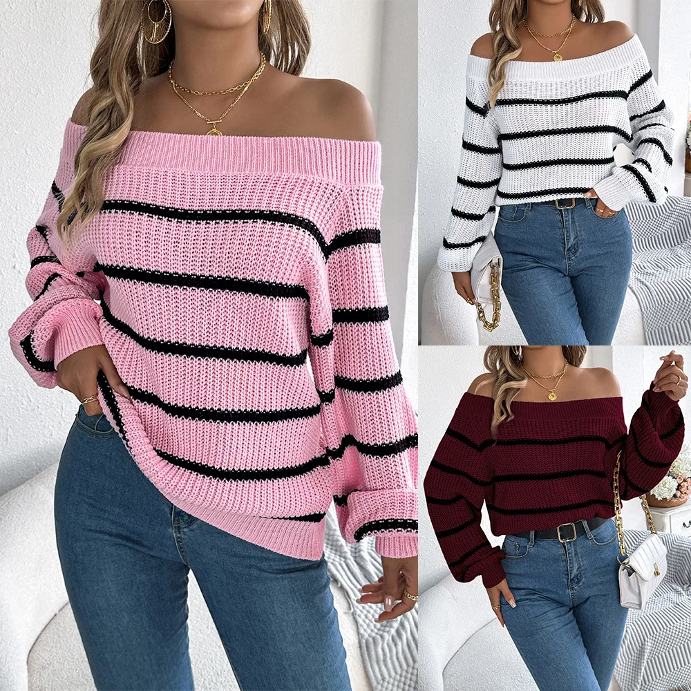 

LccHee sweater women 2024 autumn and winter casual striped off-the-shoulder lantern sleeve pullover sweater