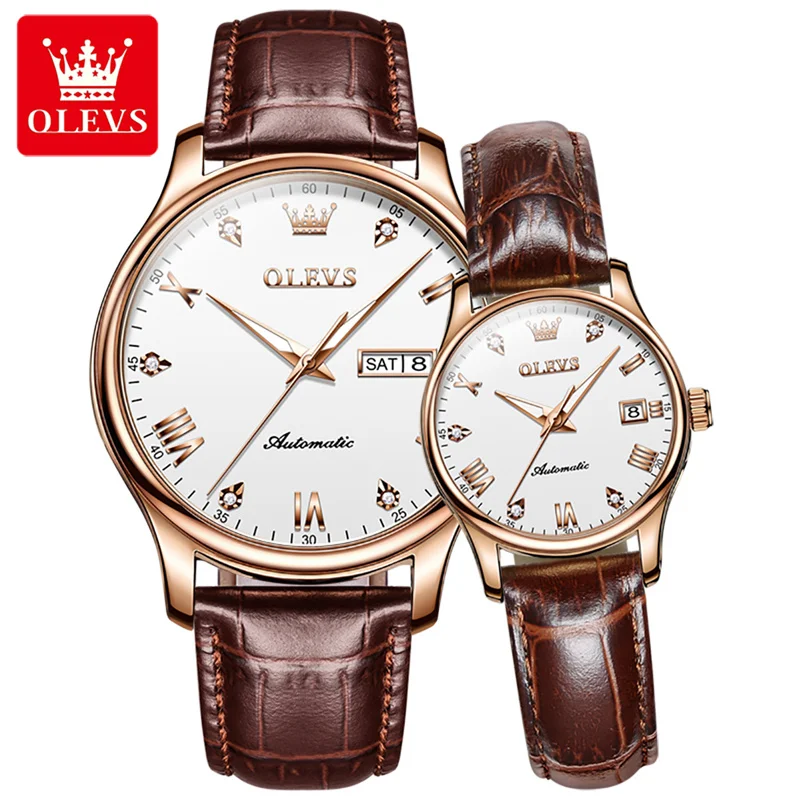 OLEVS Automatic Mechanical Watch Sets For Her And Him Top Brand Luxury Waterproof Leather Women Men Couple Ltems For Lovers