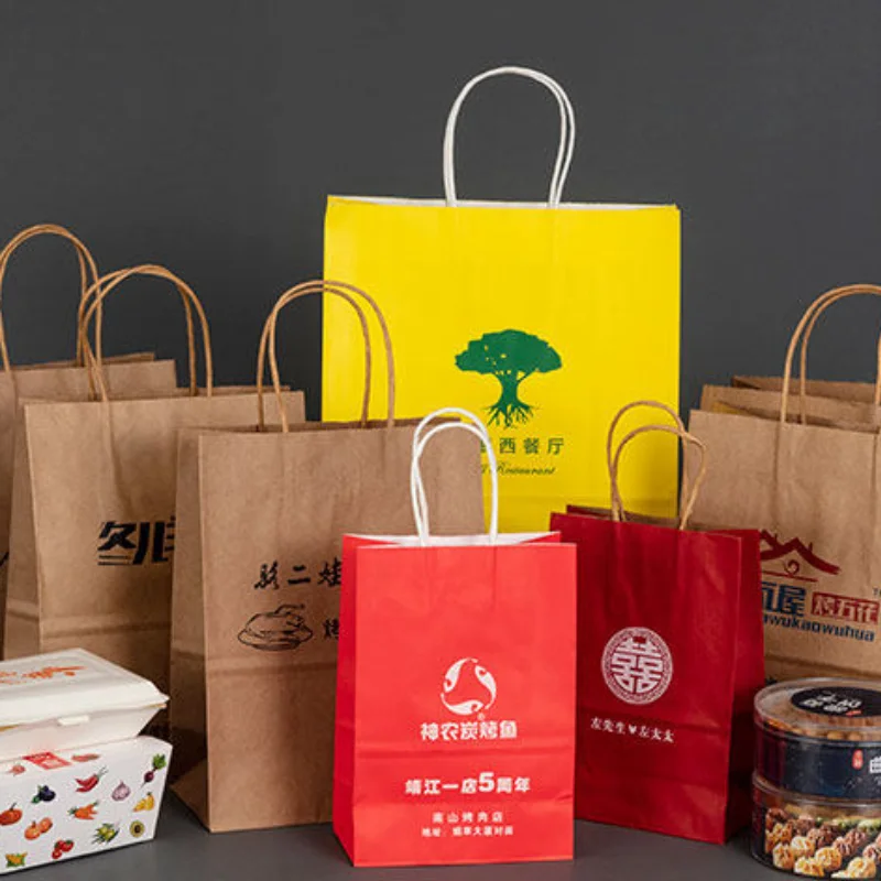 50pcs Kraft Paper Bags Handbags Milk Tea Takeaway Cosmetics Clothing Store Gift Packaging Bags Custom Printed Logo view 6