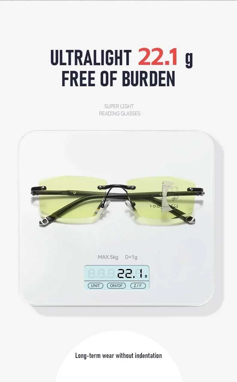 Neue Multifokale Presbyopie Brille Modische Randlose Nachtsicht Brille Männer und Frauen HD Anti-blau Licht Lesebrille – Detail 5