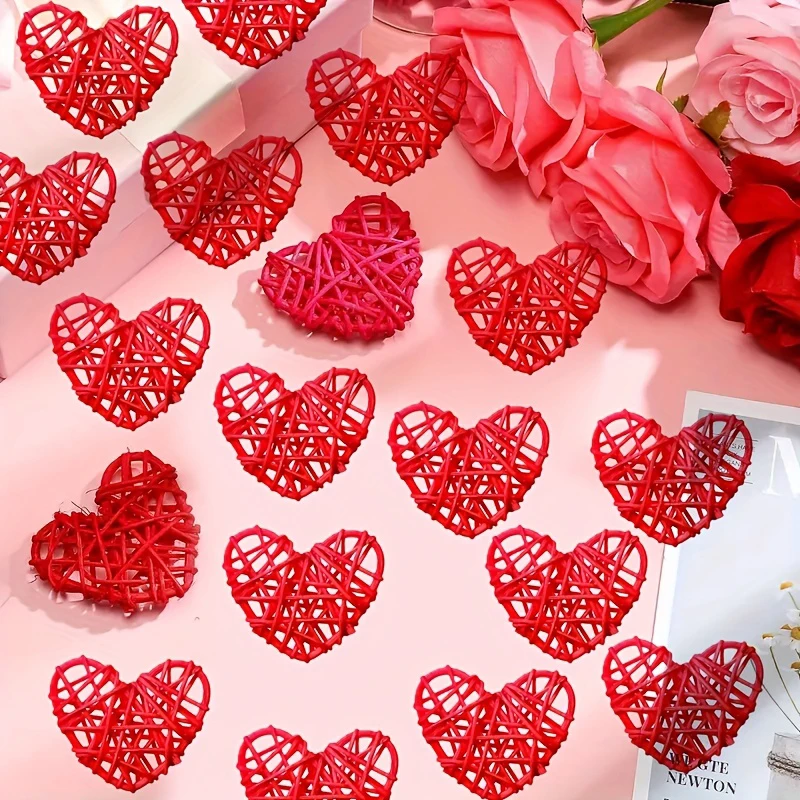 5pcs Red Heart Shaped Rattan Ball Ornaments Hand Woven Rattan Ball For DIY Valentine's Day Wedding Party Table Decoration