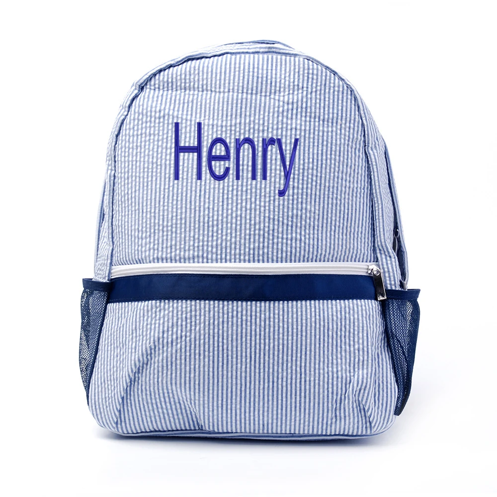 Embroidered Name Preschool Backpack Seersucker Backpack with Kids\'s Name Monogrammed Baby Book Bag Custom seersucker Lunchbag