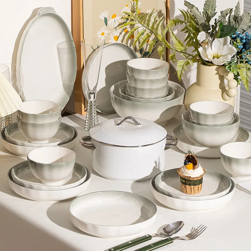 

Nordic style gradient color dish set household thickened lace ceramic tableware bowl plate combination underglaze