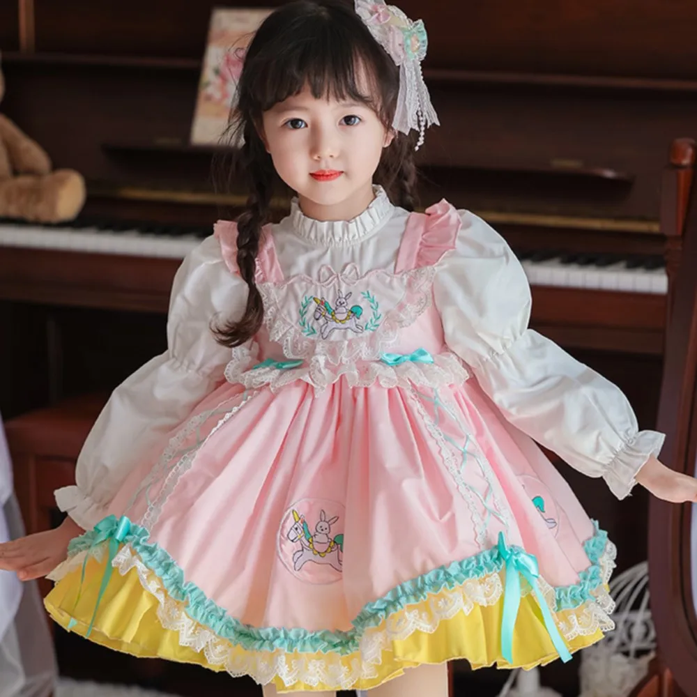 Children's Spring New Girl's Embroidered Lolita Princess dress Fake Two Piece top+dress