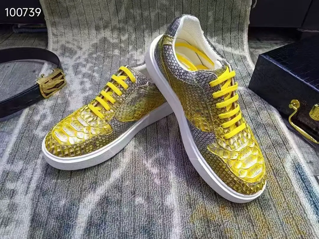 Hot selling Golden Yellow color genuine python skin men shoe sneaker with cow skin lining Walking Flat Work shoe