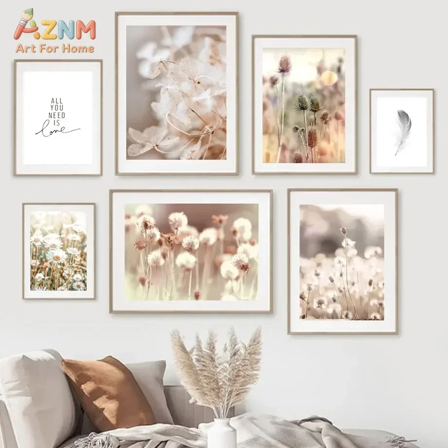 AZNM Neutral Boho Dried Wildflower Canvas Poster Frameless Wall Art Beige Daisy Thistle Feather Love Quote Soft Pastel Nature Pr