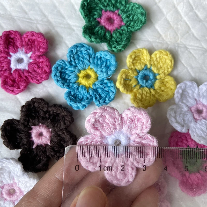 7PCS Colorfull Handmade Cotton Crochet Flower 3.7CM  Scrapbook DIY Craft  Fabric Sew-on Patch Garment Knitted Headwear Accessory