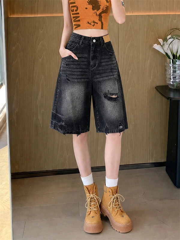 Summer Thin Five-Point Casual Loose Women's Jeans Shorts High Waist Wide Leg Pants Tear Style Cotton Polyester Blend
