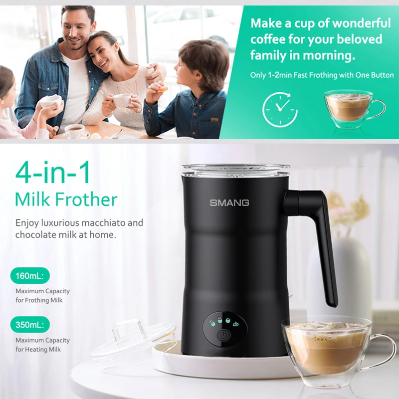 SMANG 400W Electric Mlik Forther 4 -in- 1 For Lattes & Coffee Hot And Cold Foam Maker Quiet One-Touch Operation Easy to Clean