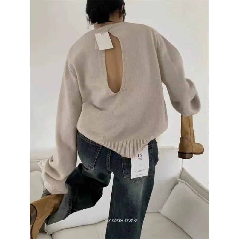 

Корейский простой свободный вязаный свитер с открытой спиной и круглым вырезом для поездок на работу