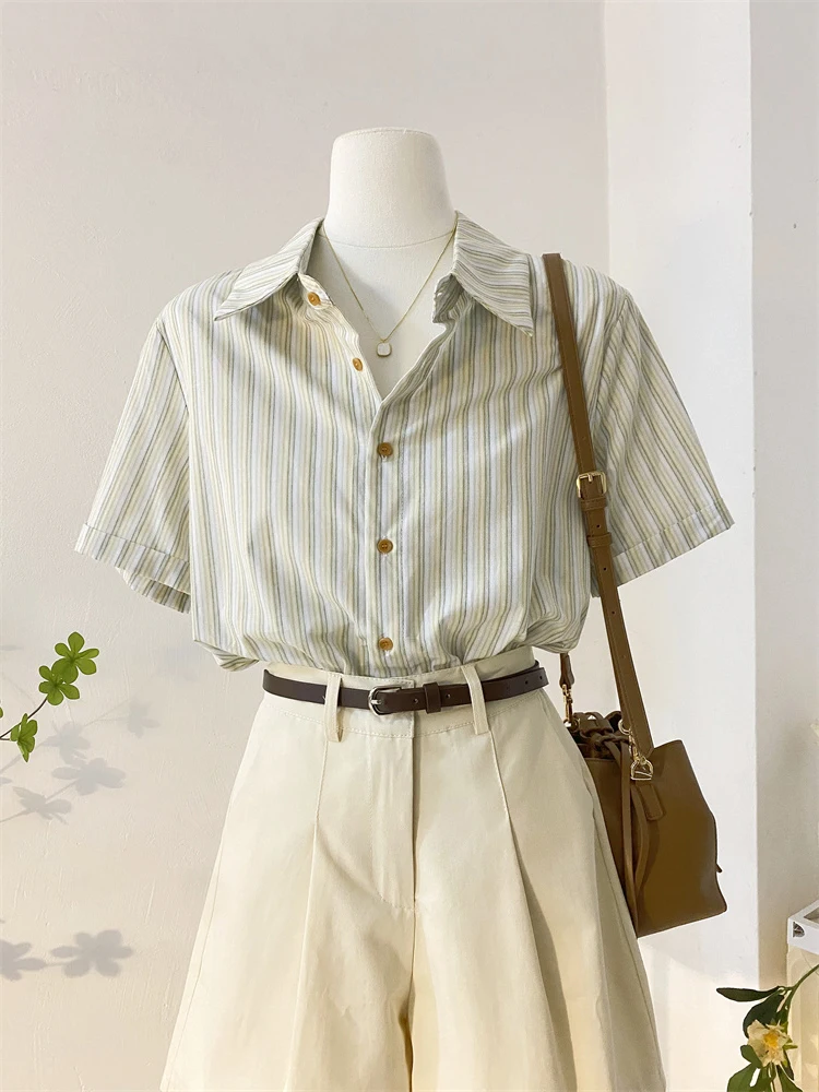 Pure Cotton Striped Short Sleeve Shirt Women's Loose Summer Fashionable Top Brand Buckle Euro Style Korean Version Commute Style