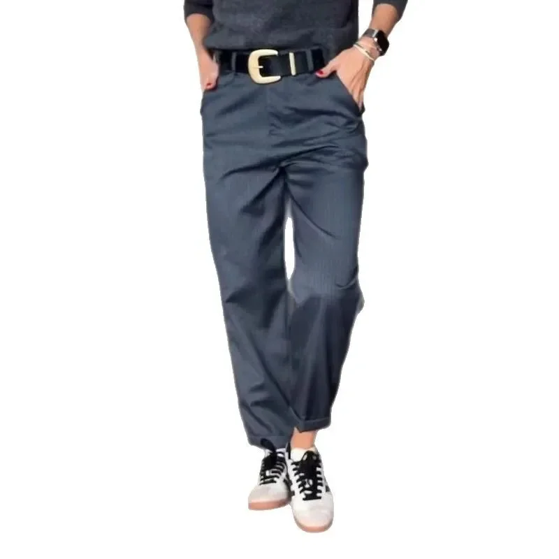 여성 봄 가을 하이웨이스트 심플 스트레이트 디자인 팬츠 바지 루즈 풀 렝스