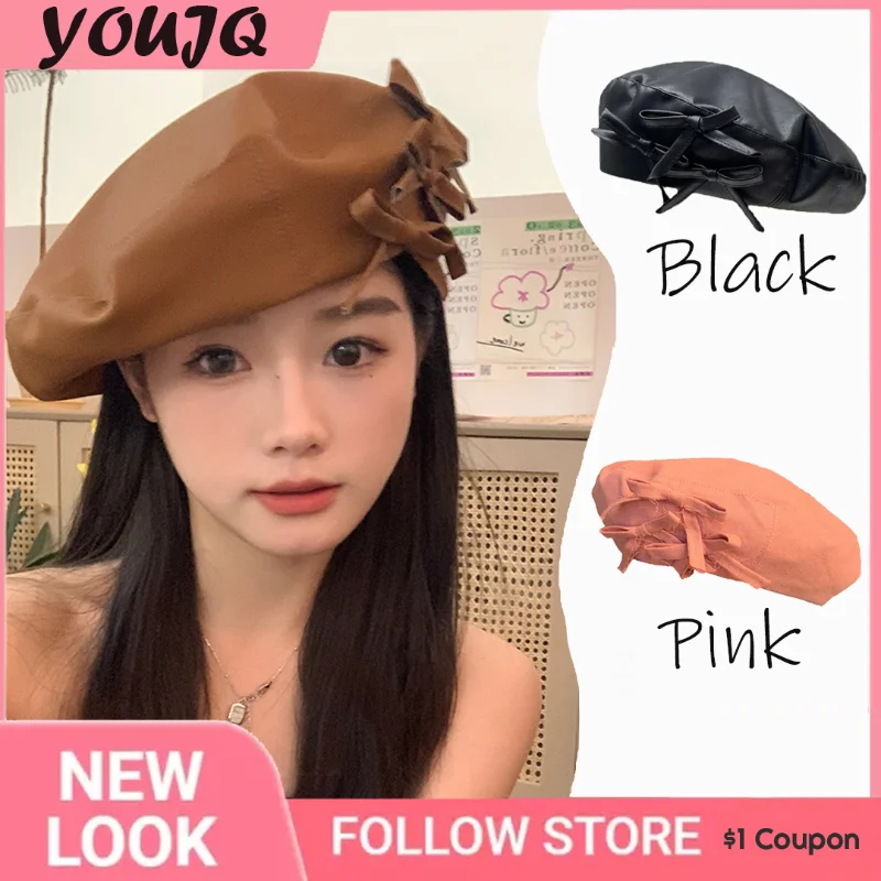 Y2K Girl Butterfly Knot PU Leather Beret Women's Summer Big Head Wrap Niche Painter Hat Shows Small Face Flat Top Brimless