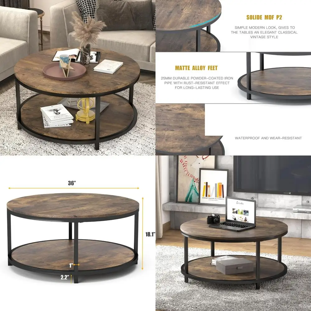 

Rustic Wooden Top Round Coffee Table with Metal Legs, 36 Inches, Industrial Style Sofa Table for Modern Living Room