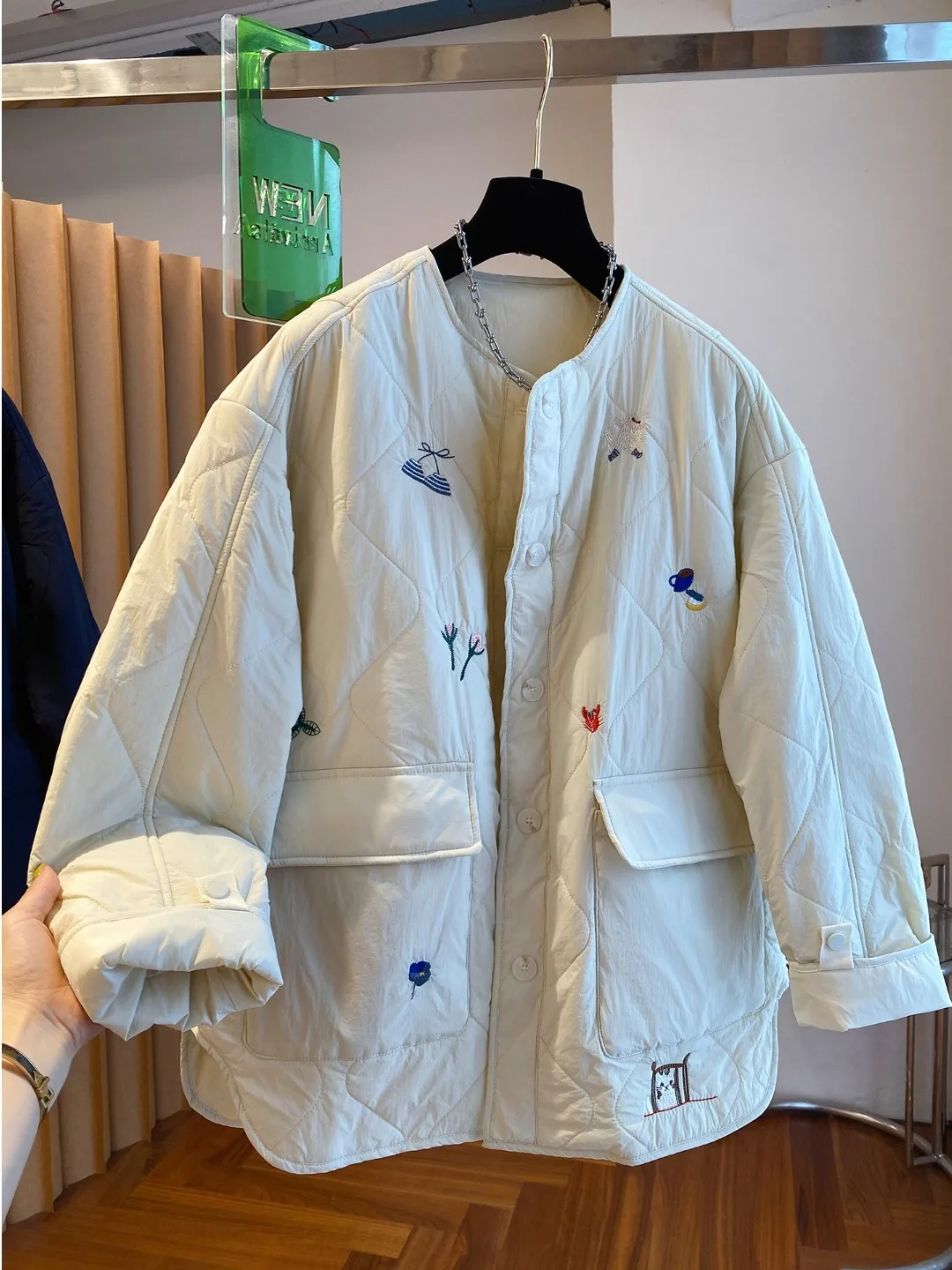 جايت قطني خفيف الوزن مطرز كوري فضفاض مناسب للخريف والشتاء ملابس خارجية أنيقة طويلة Sve مستديرة...