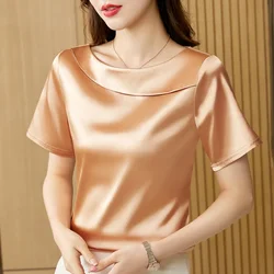 Satin Women Blouse T-shirt Skew Collar Blouses Summer Short Sleeve Womens Tops Solid Elegant Women Clothing OL Shirts for Women