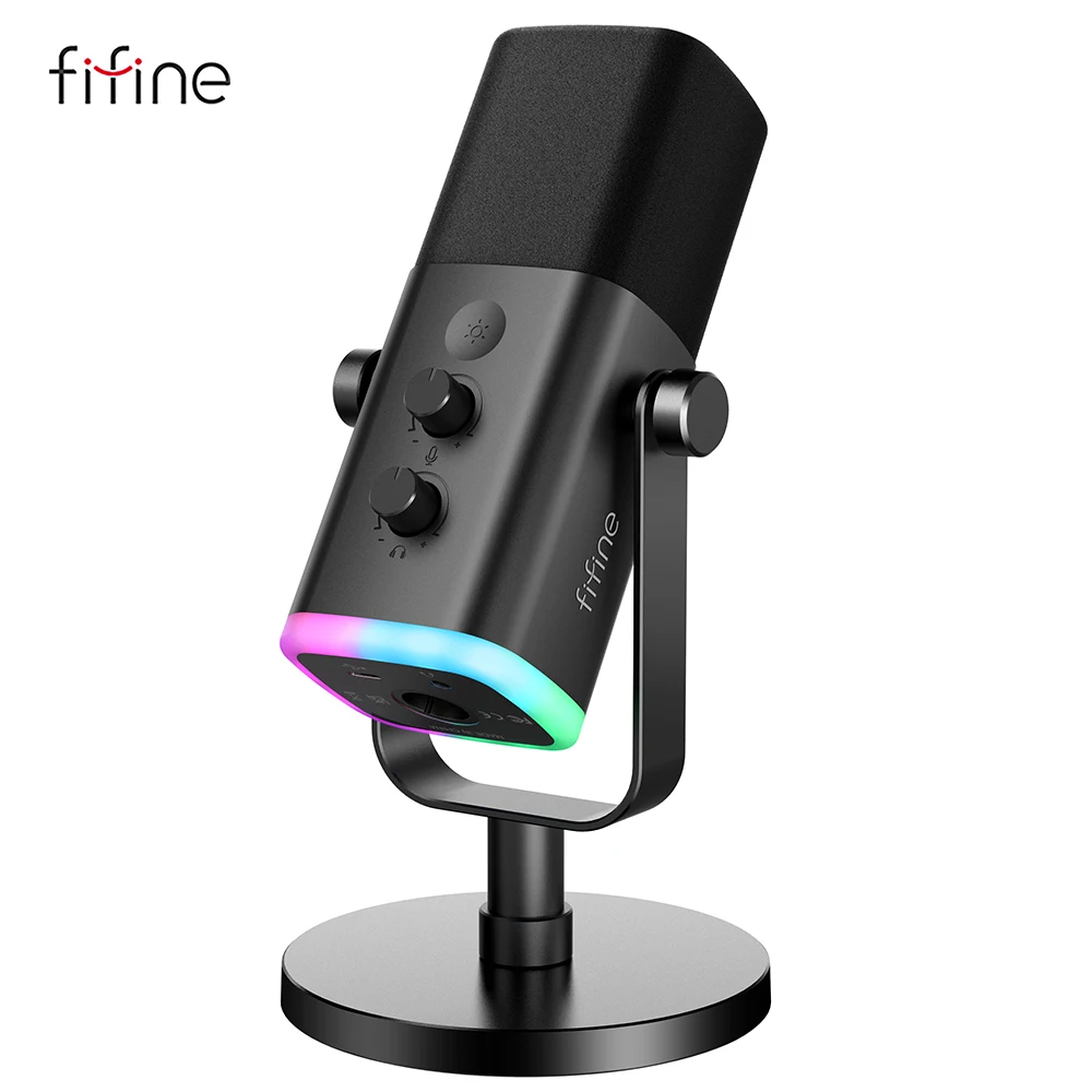 FIFINE-micrófono dinámico USB/XLR con botón de silencio táctil, Conector de auriculares, controles de E/S, para PC, mezclador de PS5/4, amplificador de micrófono para juegos AM8