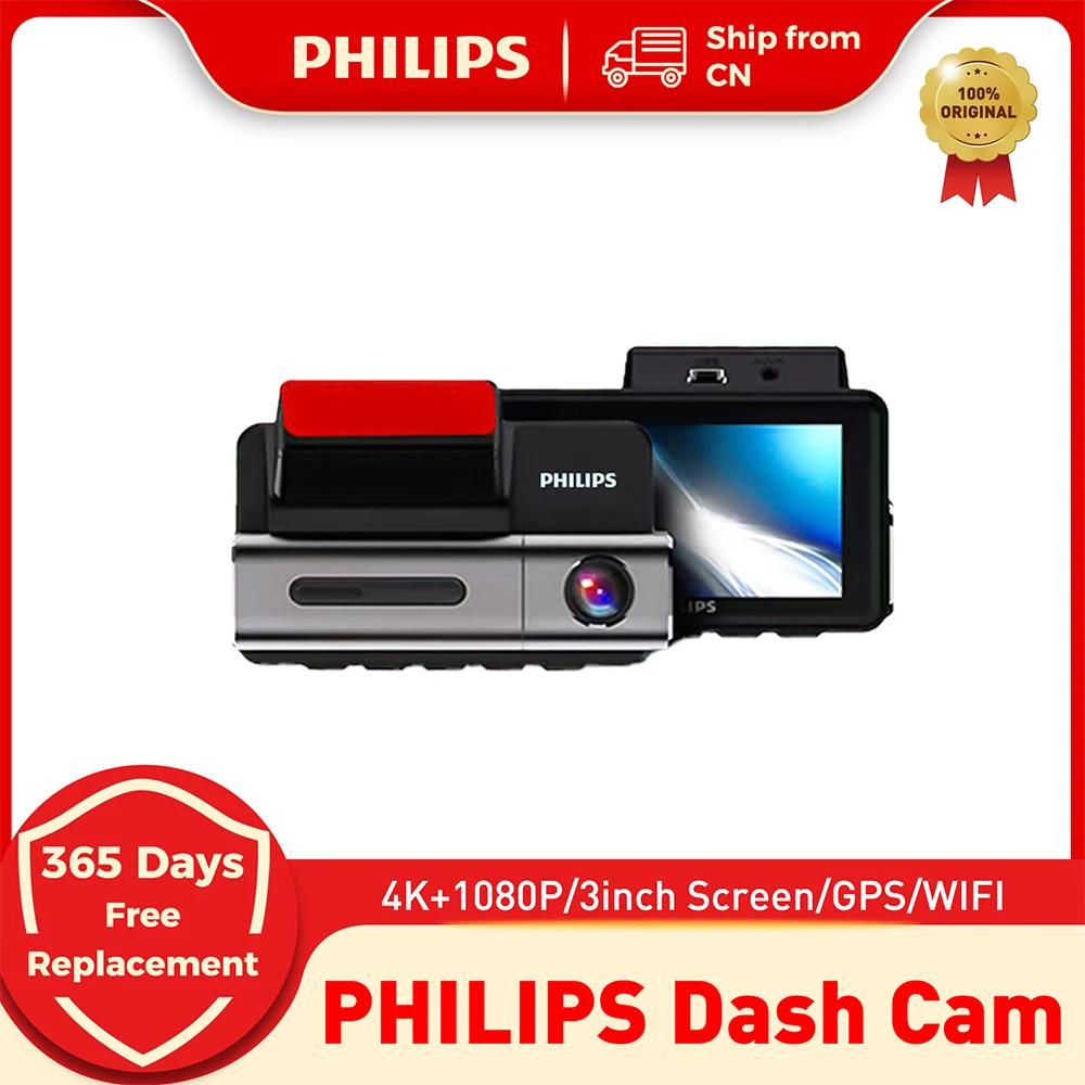 PHILIPS 4K Dash Cam Front Rear 1080P Full HD Dash Camera for Cars Built-in Wi-Fi 3 Inch LCD Screen Night Vision 24H Parking Mode