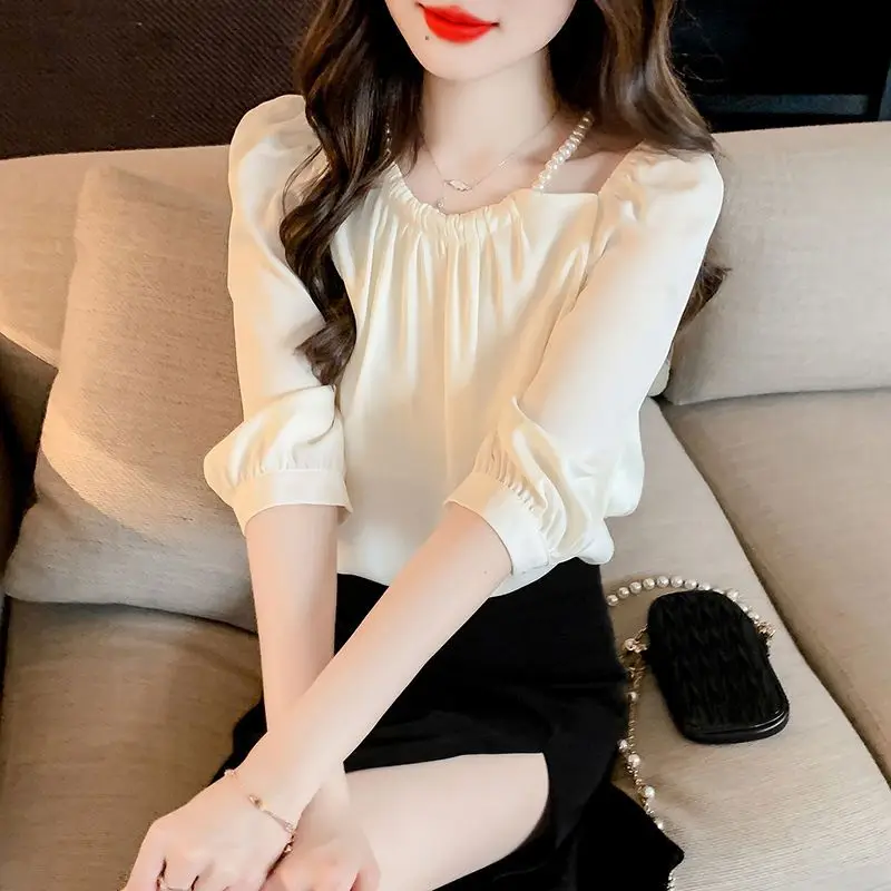 Summer Women\'s Chiffon Solid Color Pullover Long Sleeve Beaded Shirring Round Neck T-shirt Elegant Fashionable Casual Tops