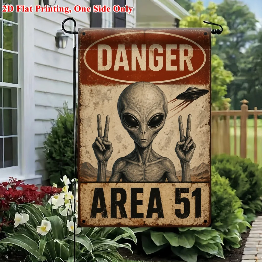 2D Flat - 2D Flat Print Garden Flag 1-Pack, Alien and UFO Logo Garden Flag, Durable Polyester Outdoor Decor, Suitable for Home and Yard, Holiday Decor, 11.8X17.7 Inches, Without Rod
