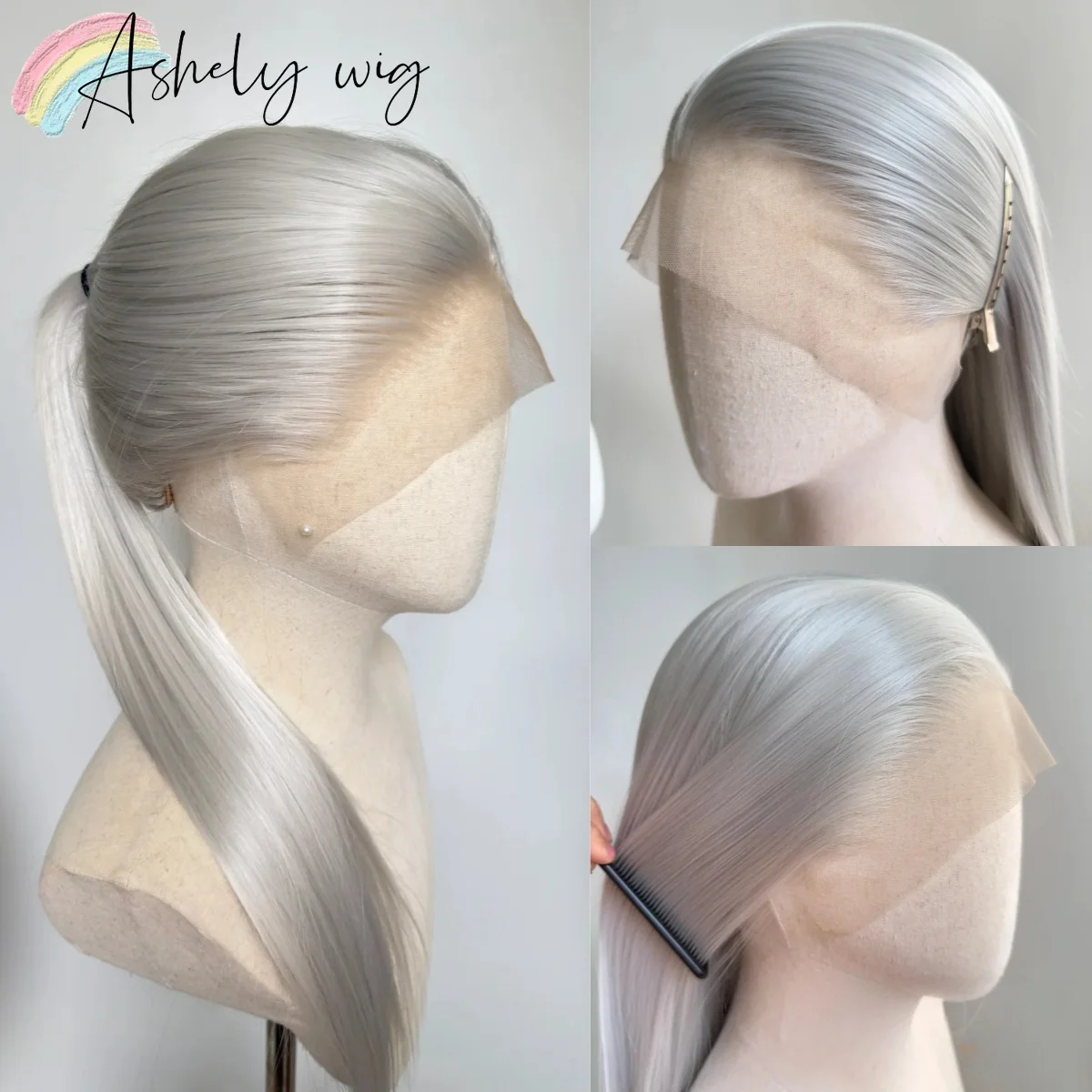 

Ashely Sliver Wig for Women 13*4 26inch Long Straight Lace Front Wig White Natural Looking Synthetic Lace Wigs for Cosplay 통가발