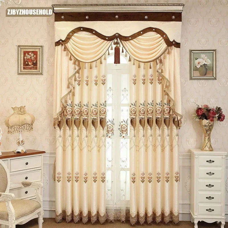 Customized Court Velvet Jacquard Embroidered Curtains for Living Dining Room Bedroom Floor Balcony Finished Curtains