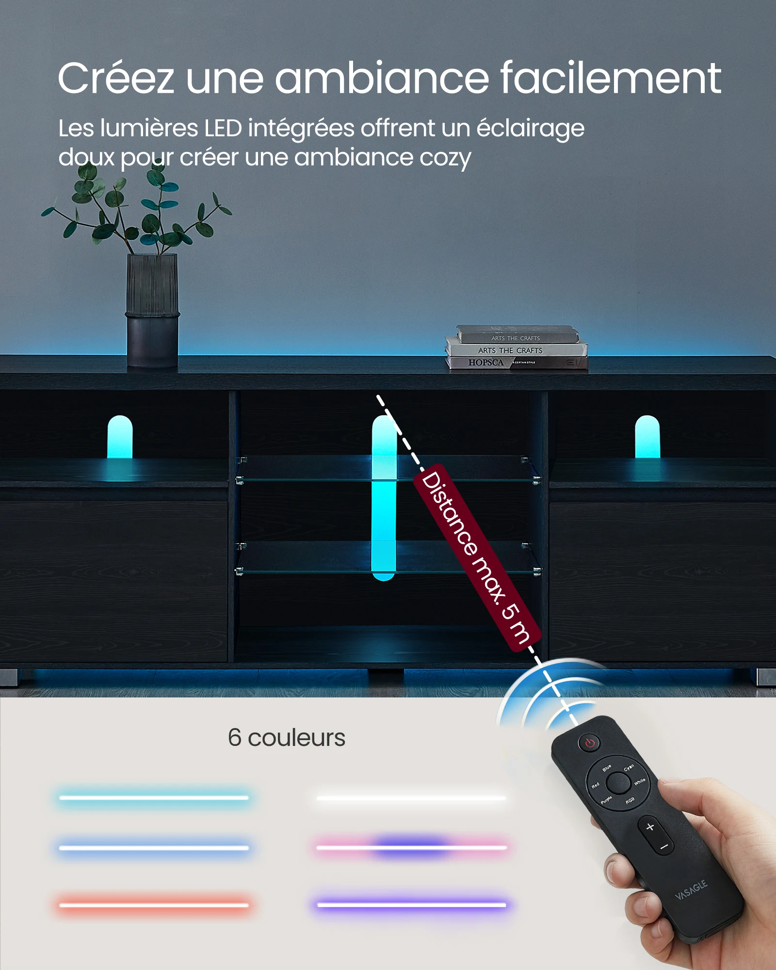 خزانة مع إضاءة LED ، حامل تلفزيون لأجهزة التلفزيون يصل إلى 70 بوصة ، أرفف مفتوحة ، خزانتين مع أبواب