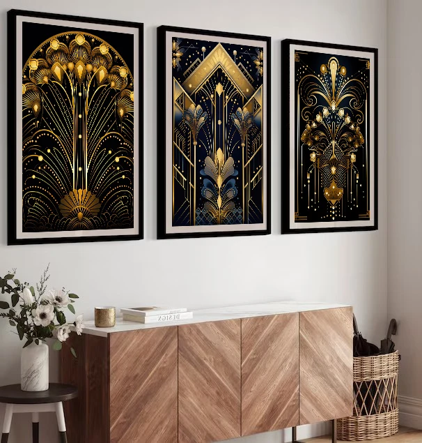 Retro Black and Gold 1920s Art Deco Style Gatsby Poster Wall Art Pictures Canvas Painting Vintage Home Interior Decor Gift