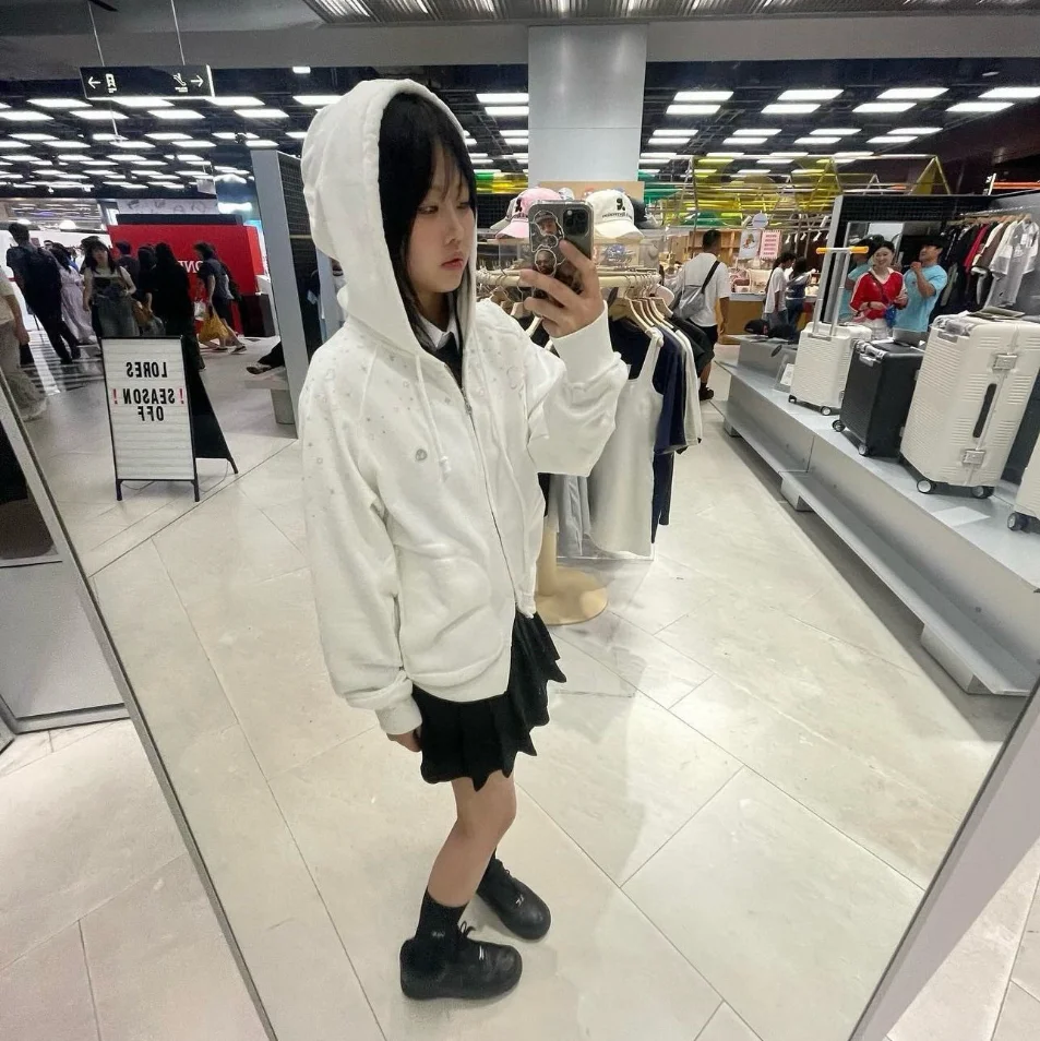 

Hooded Sweatirt Knot Star Print Zipper Design Frayed Casual Sweet Sle Long Sve Loose Fit Winter Coat