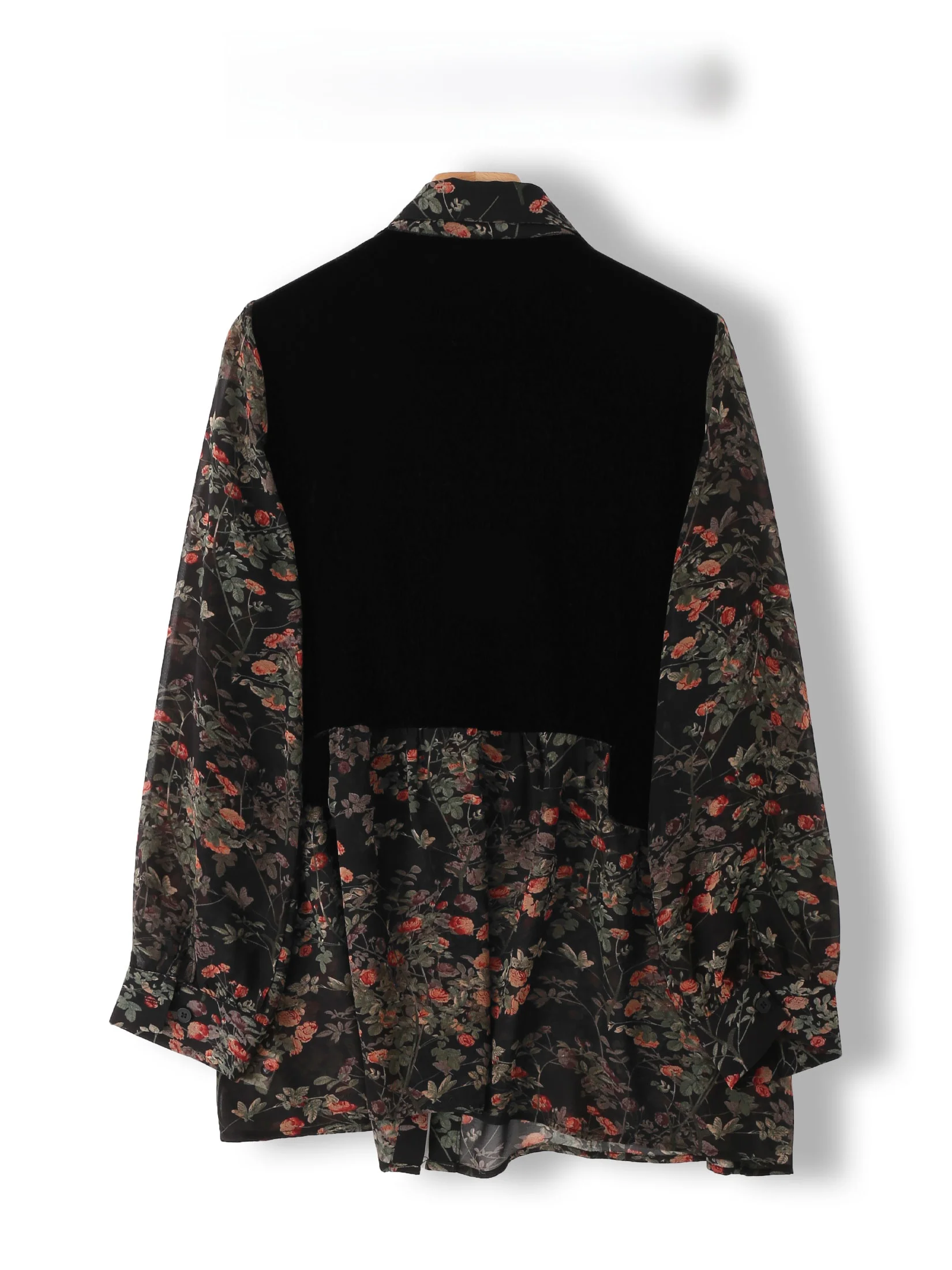 Printed Long Sleeve Loose Women's Shirt with Fake Two-Piece Splicing Design Vintage Commute Style Floral Pattern Button Detail