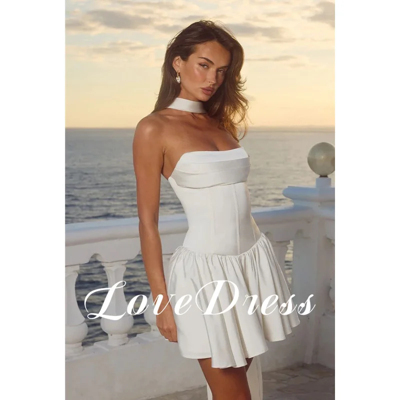 비치 미니 스테인 아이보리 A라인 웨딩드레스 민소매 섹시 백리스 무릎 위 플리츠 오픈 백 레이스업 2025 맞춤 제작