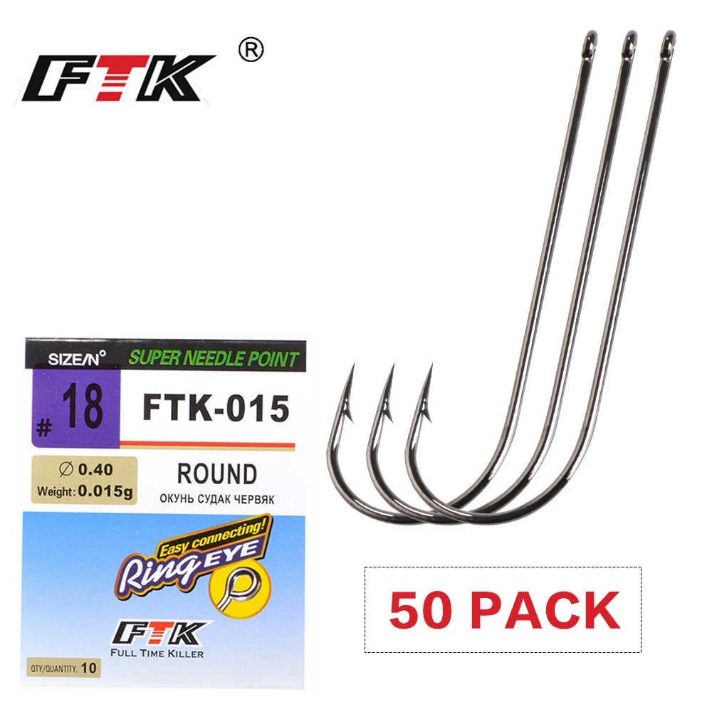 FTK 50 Pack High Carbon Steel Fishing Hook Long Shank Barbed Hook Black Chrome Ringed Sharp FishHook for Fishing Accessories