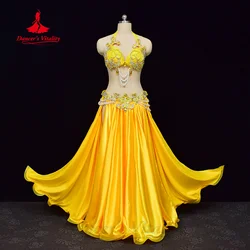 BellyDance Set Customized Pearl AB Stones Bra+High Grade Satin Split Long Skirt 2pcs Women's Oriental Dance Performance Costume