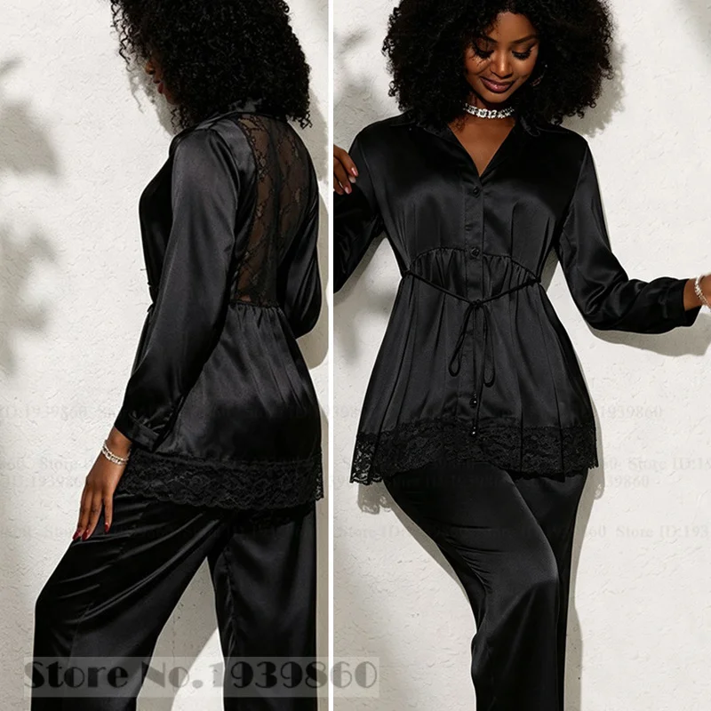 Ice Silk Women 2PCS Pajamas Set Loungewear Sexy Hollow Out Lace Sleepwear Long Sleeve Trouser Suits Loose Casual Homewear Pyjama